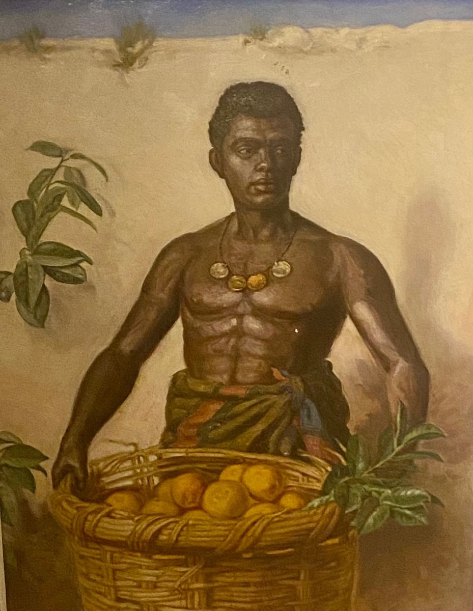 Superb Quality Antique Painting. Handsome Semi Naked Black African Orange Seller-photo-2