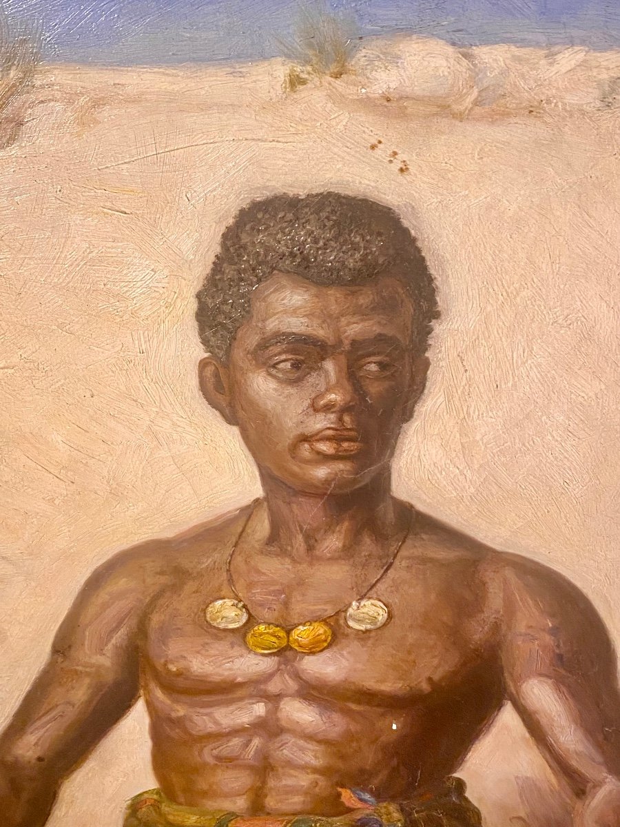 Superb Quality Antique Painting. Handsome Semi Naked Black African Orange Seller-photo-3