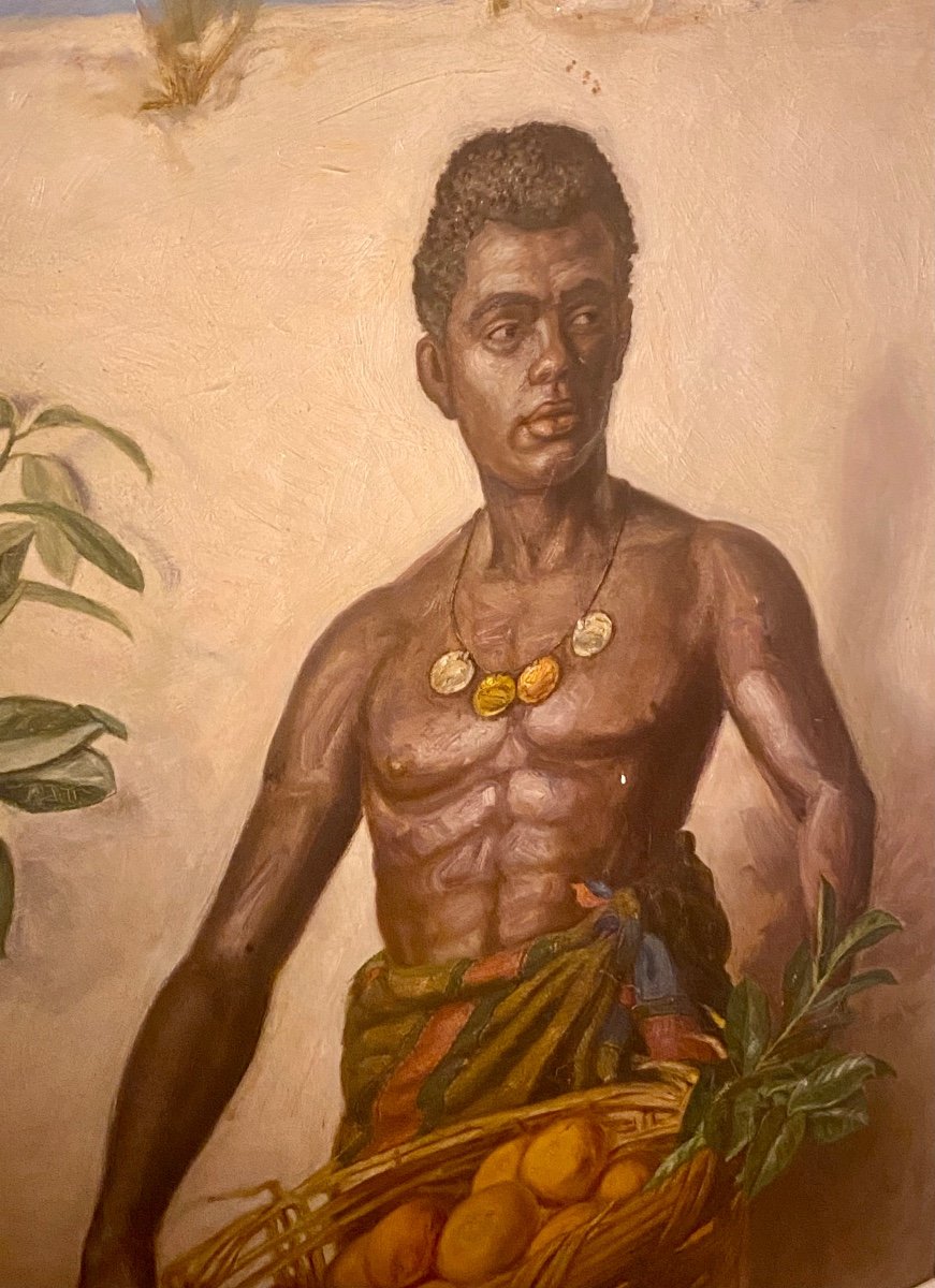 Superb Quality Antique Painting. Handsome Semi Naked Black African Orange Seller-photo-3