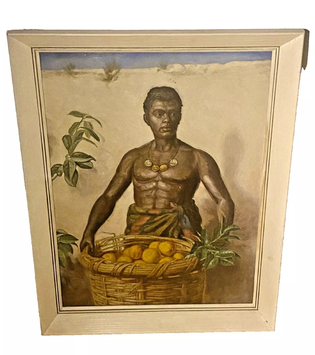 Superb Quality Antique Painting. Handsome Semi Naked Black African Orange Seller-photo-6