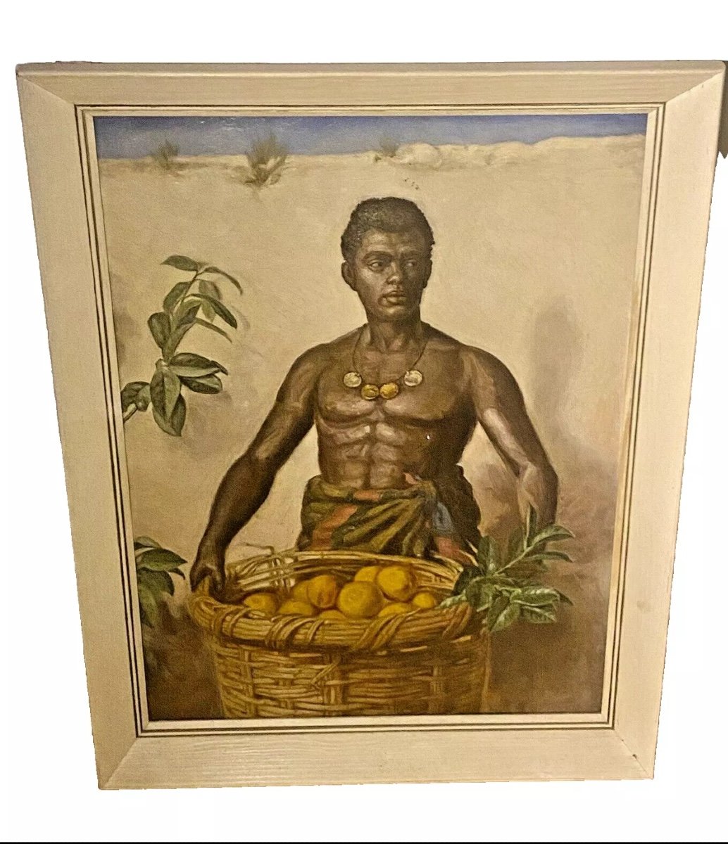 Superb Quality Antique Painting. Handsome Semi Naked Black African Orange Seller