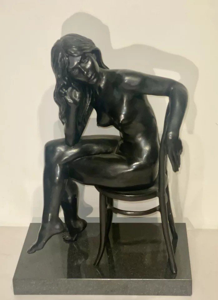 A Bronze Study Of A Nude Woman Seated With Long Flowing Hair By Ronald Cameron-photo-1