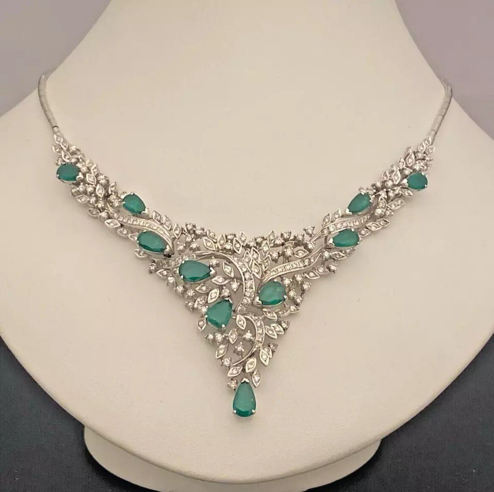 A Fine Quality Mid Century 14ct 585 White Gold Set Emerald And Diamond Necklace-photo-3