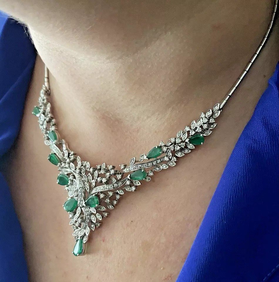 A Fine Quality Mid Century 14ct 585 White Gold Set Emerald And Diamond Necklace-photo-5