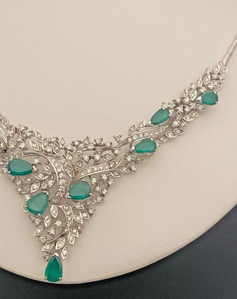 A Fine Quality Mid Century 14ct 585 White Gold Set Emerald And Diamond Necklace-photo-6