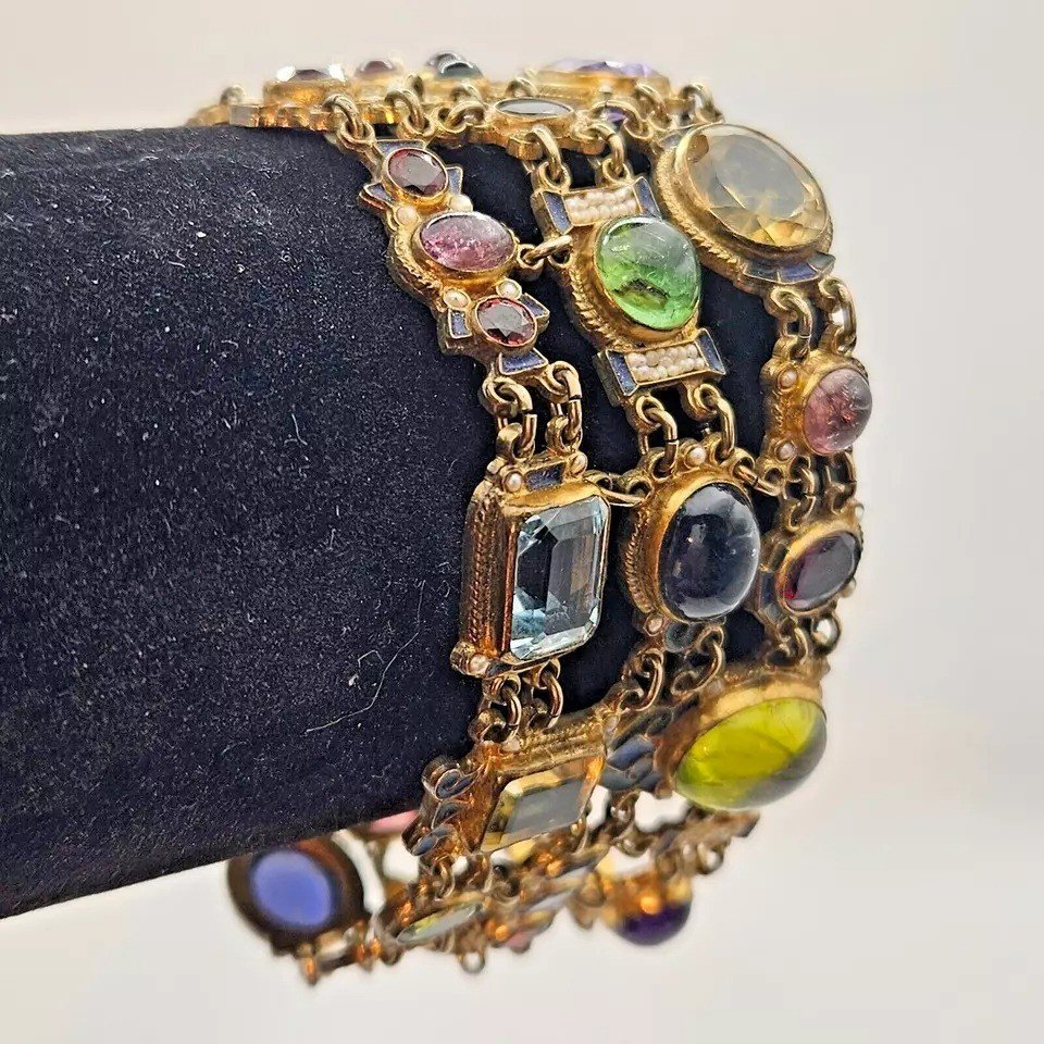 A Fabulous Vintage Percossi Papi Signed Multi Gem & Cloisonne Enamel Bracelet-photo-3