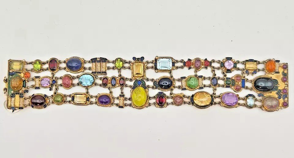 A Fabulous Vintage Percossi Papi Signed Multi Gem & Cloisonne Enamel Bracelet-photo-4