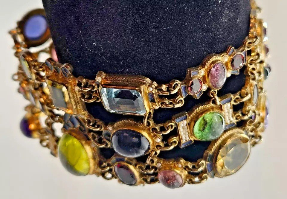 A Fabulous Vintage Percossi Papi Signed Multi Gem & Cloisonne Enamel Bracelet-photo-6