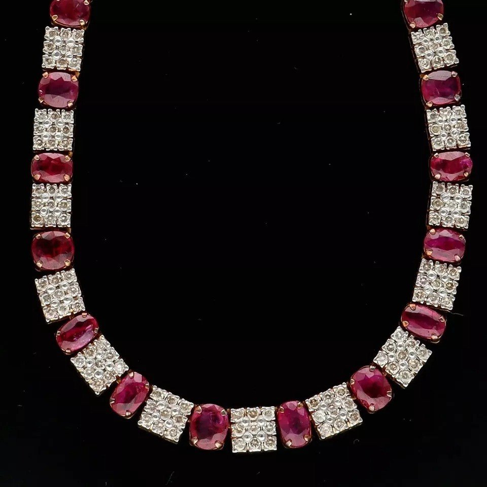 A High Quality Vintage 21k / 21ct Solid Gold 2.8ct Diamond & 10ct Ruby Necklace-photo-2