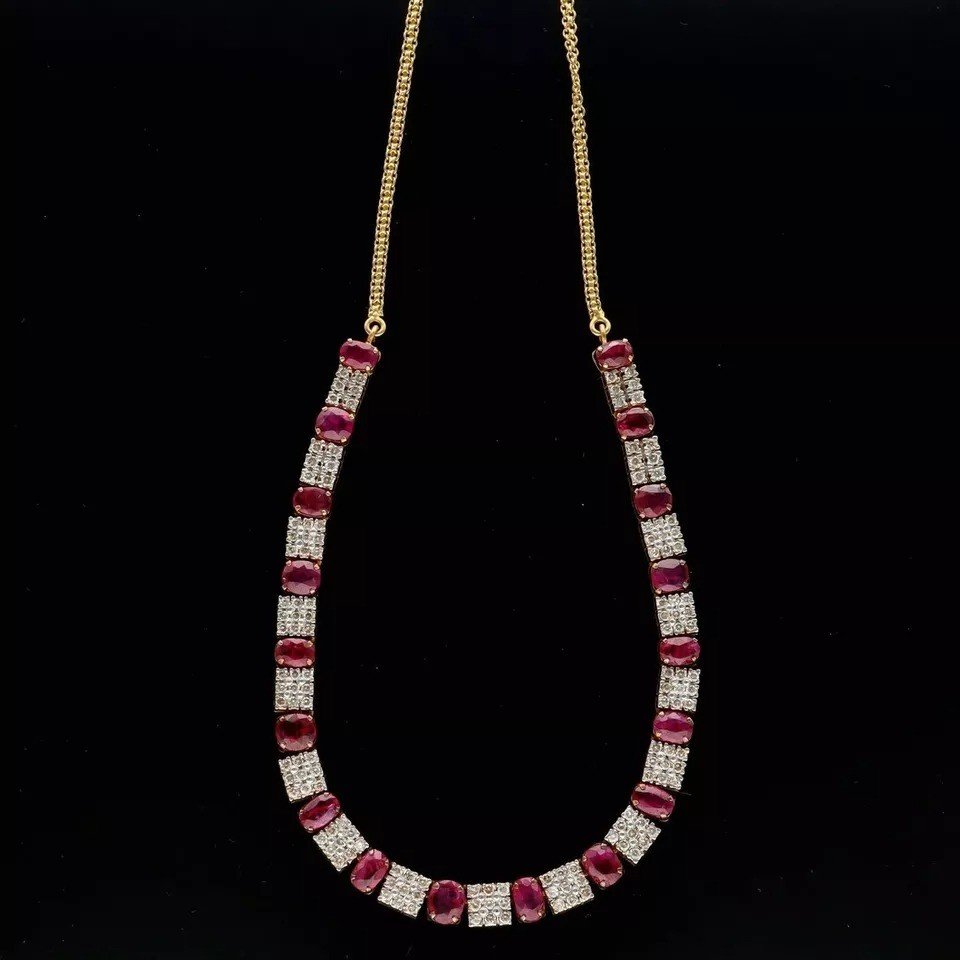 A High Quality Vintage 21k / 21ct Solid Gold 2.8ct Diamond & 10ct Ruby Necklace-photo-3