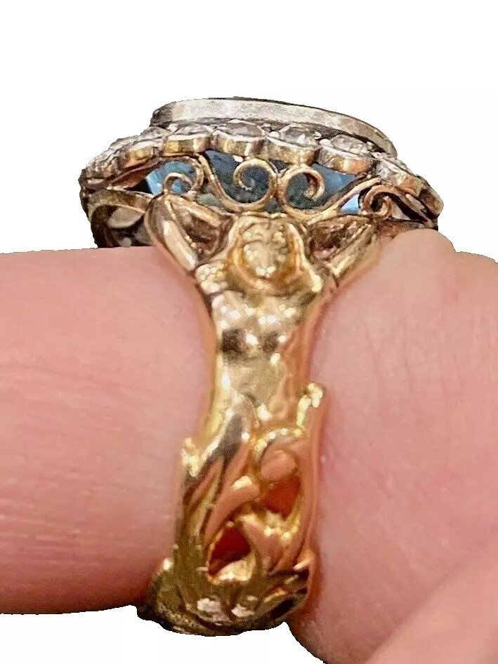 Antique Art Nouveau Figural Reclining Woman. Aquamarine & Diamond Ring Ca 1900-photo-2