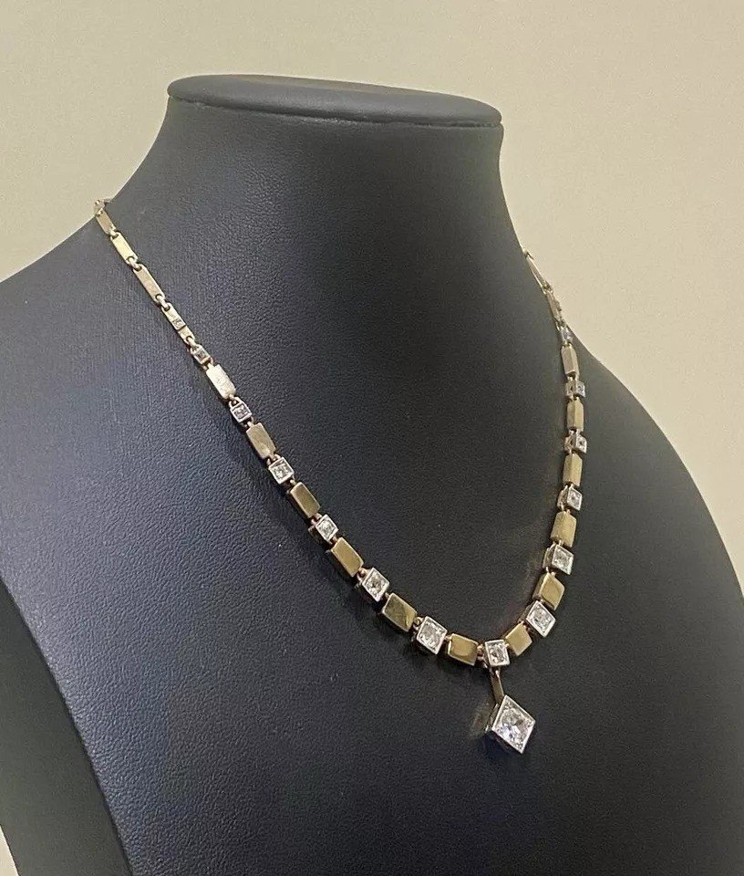 Art Deco 14ct Gold & 2.6 Carats Of Diamonds Necklace-photo-6