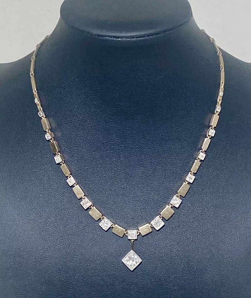 Art Deco 14ct Gold & 2.6 Carats Of Diamonds Necklace-photo-7