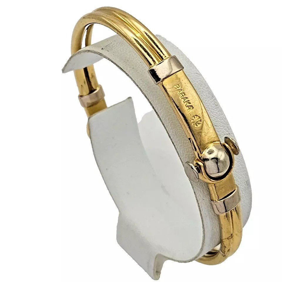 A Italian Men's Baraka Two Tone Yellow & White 18k Solid Gold Bangle Bracelet-photo-2