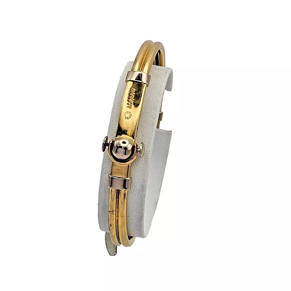 A Italian Men's Baraka Two Tone Yellow & White 18k Solid Gold Bangle Bracelet-photo-3