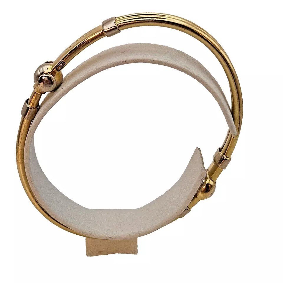 A Italian Men's Baraka Two Tone Yellow & White 18k Solid Gold Bangle Bracelet-photo-7