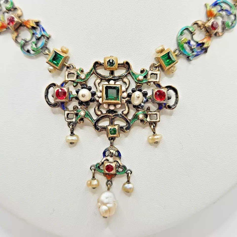 Impressive Antique Austro Hungarian Silver Enamel Pearl Multi Gem Necklace-photo-4