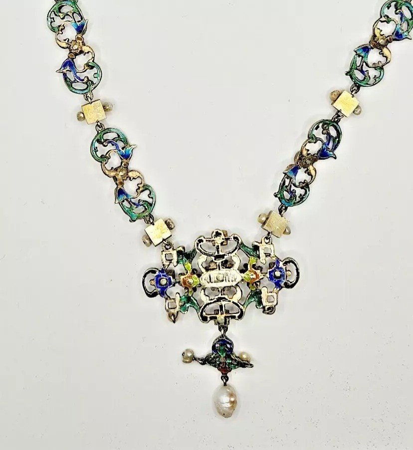 Impressive Antique Austro Hungarian Silver Enamel Pearl Multi Gem Necklace-photo-2