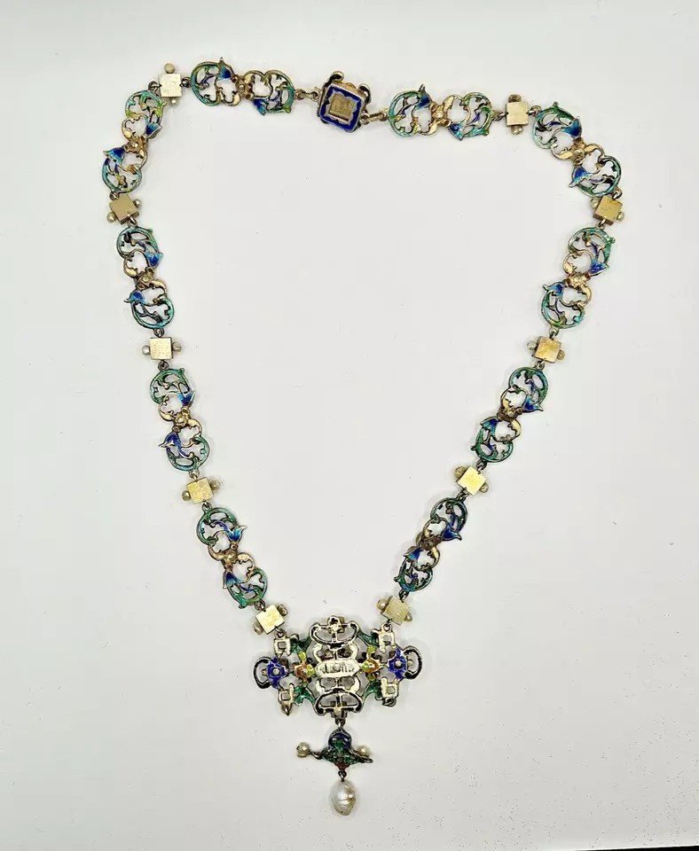 Impressive Antique Austro Hungarian Silver Enamel Pearl Multi Gem Necklace-photo-3