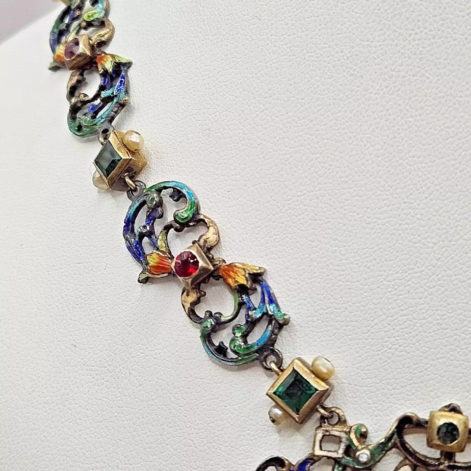 Impressive Antique Austro Hungarian Silver Enamel Pearl Multi Gem Necklace-photo-8