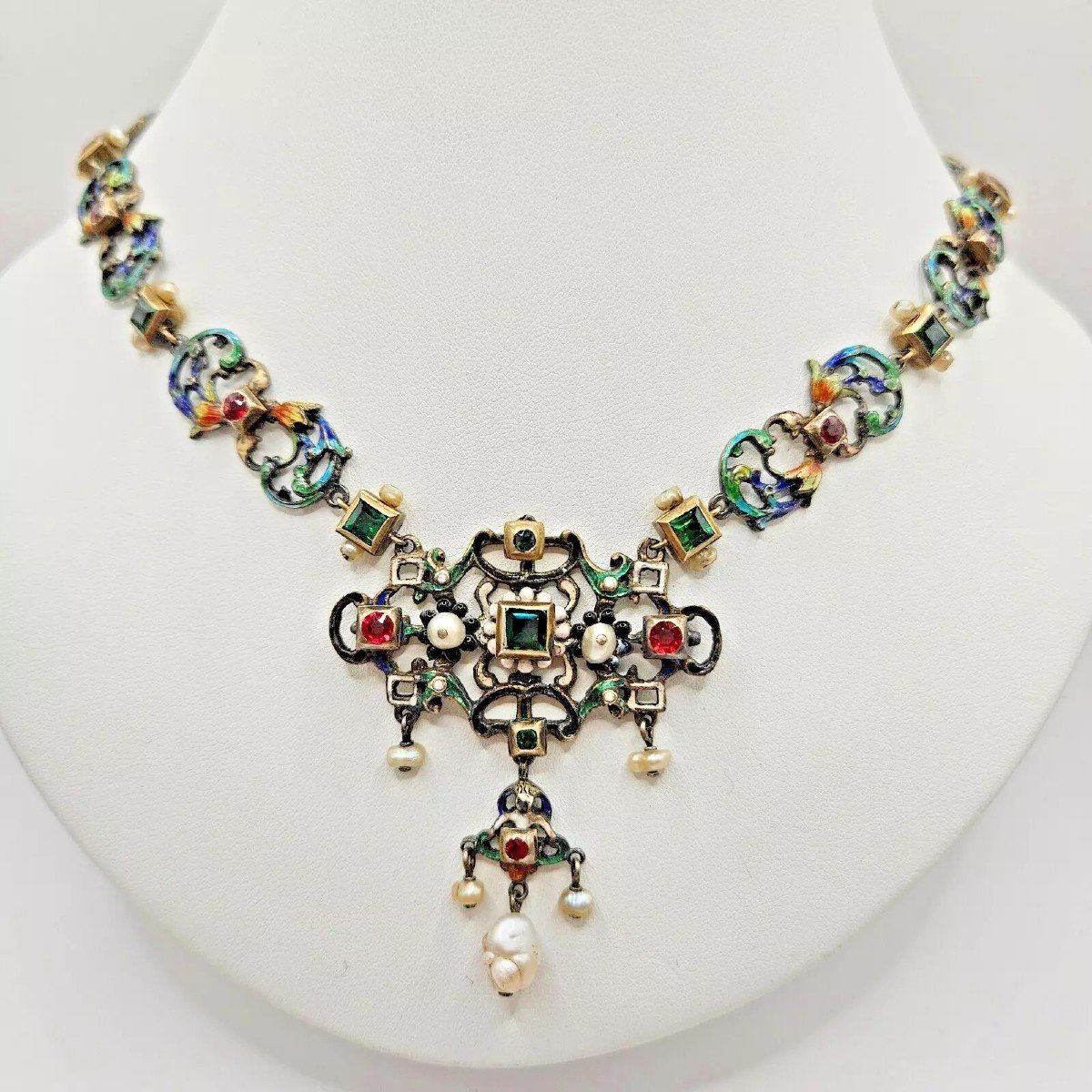 Impressive Antique Austro Hungarian Silver Enamel Pearl Multi Gem Necklace