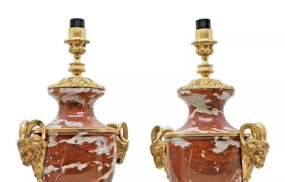 Antique 19th C Pair Of French Cassolette Rouge Marble & Gilt Bronze Table Lamps-photo-2