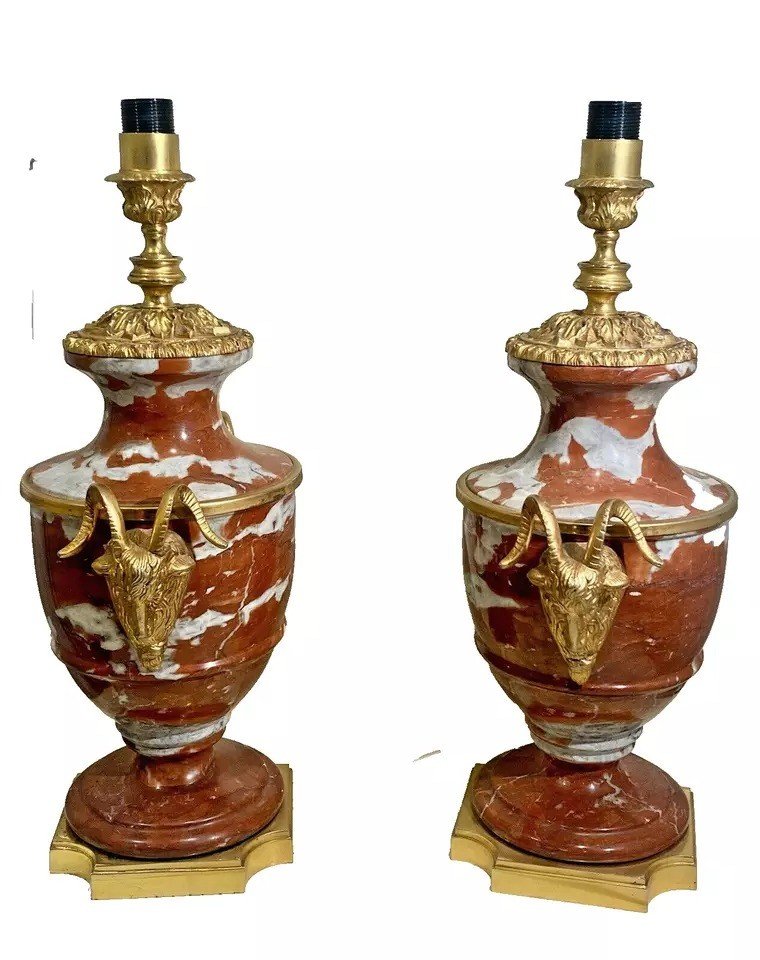 Antique 19th C Pair Of French Cassolette Rouge Marble & Gilt Bronze Table Lamps-photo-4