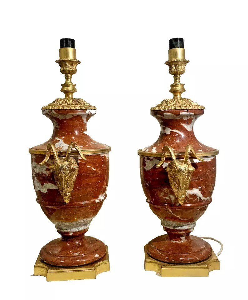 Antique 19th C Pair Of French Cassolette Rouge Marble & Gilt Bronze Table Lamps-photo-3