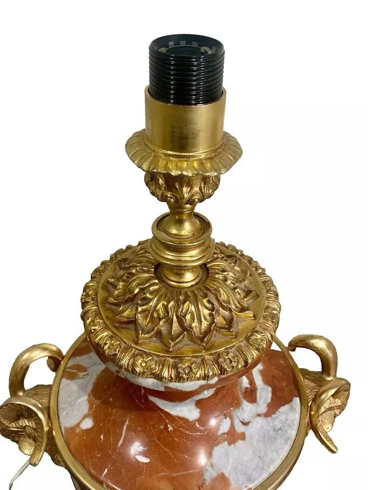 Antique 19th C Pair Of French Cassolette Rouge Marble & Gilt Bronze Table Lamps-photo-4