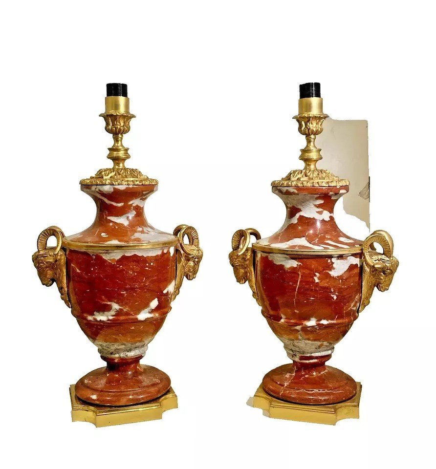 Antique 19th C Pair Of French Cassolette Rouge Marble & Gilt Bronze Table Lamps-photo-5