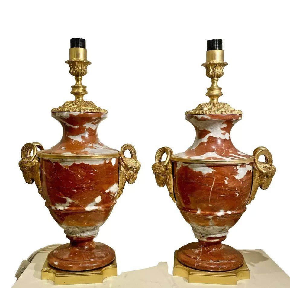 Antique 19th C Pair Of French Cassolette Rouge Marble & Gilt Bronze Table Lamps-photo-6