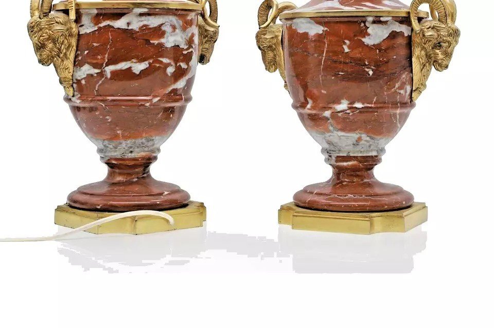 Antique 19th C Pair Of French Cassolette Rouge Marble & Gilt Bronze Table Lamps-photo-8