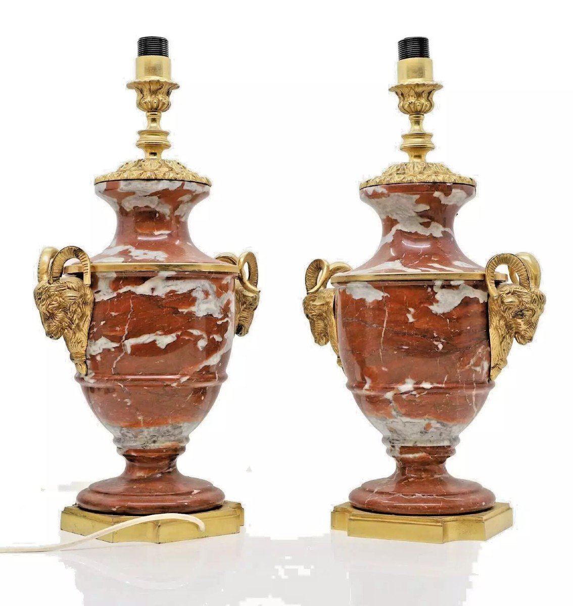 Antique 19th C Pair Of French Cassolette Rouge Marble & Gilt Bronze Table Lamps