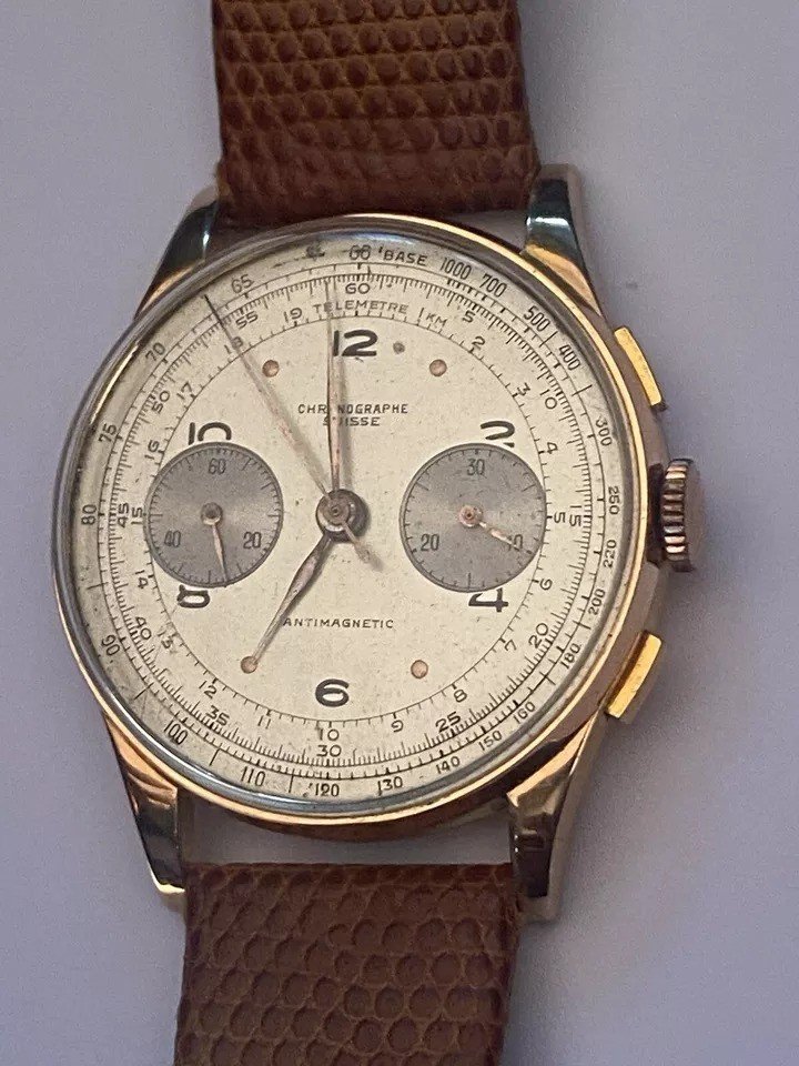 Vintage Chronograph Suisse 18ct Rose Gold Antimagnetic 17 Jewels Watch Ca 1950's-photo-1