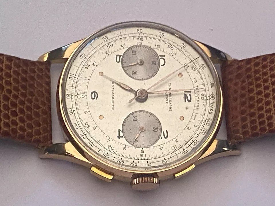 Vintage Chronograph Suisse 18ct Rose Gold Antimagnetic 17 Jewels Watch Ca 1950's-photo-6