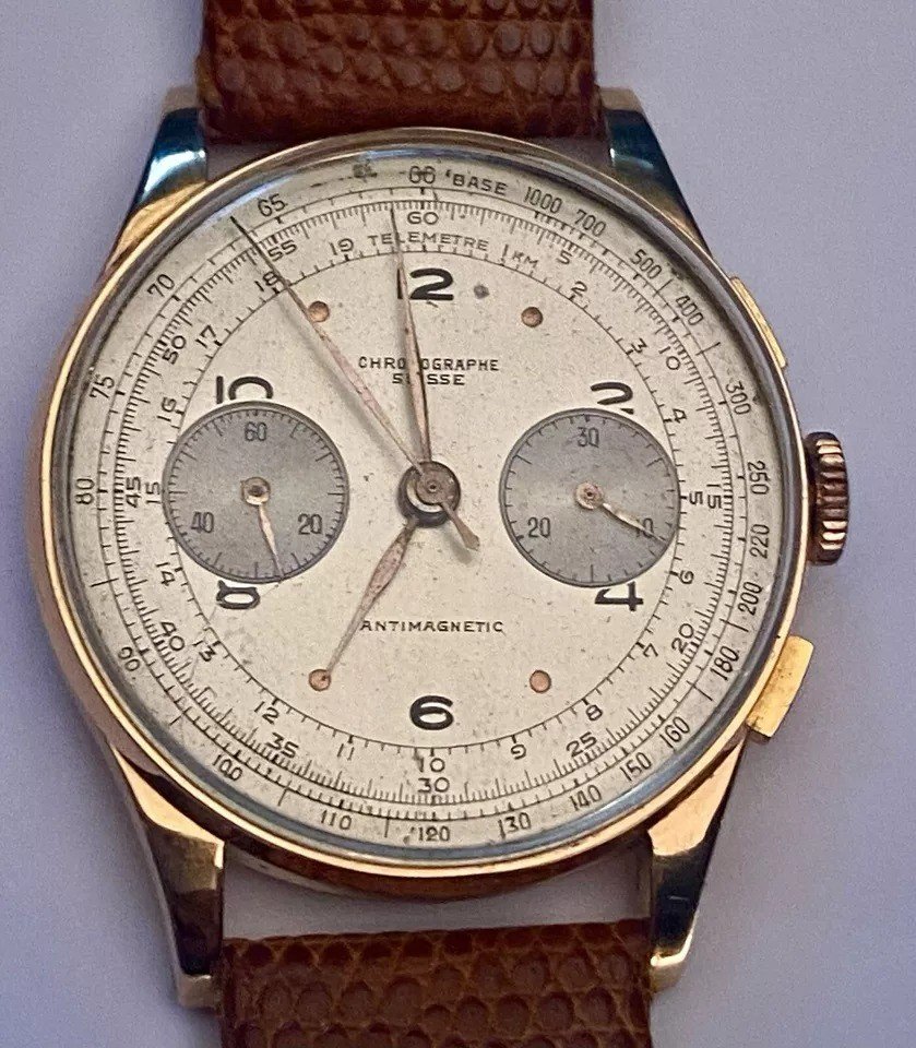 Vintage Chronograph Suisse 18ct Rose Gold Antimagnetic 17 Jewels Watch Ca 1950's-photo-7