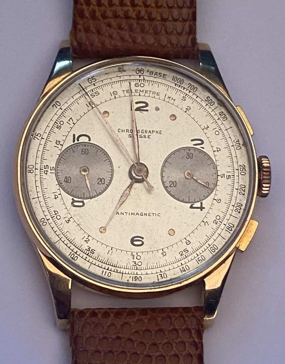 Vintage Chronograph Suisse 18ct Rose Gold Antimagnetic 17 Jewels Watch Ca 1950's