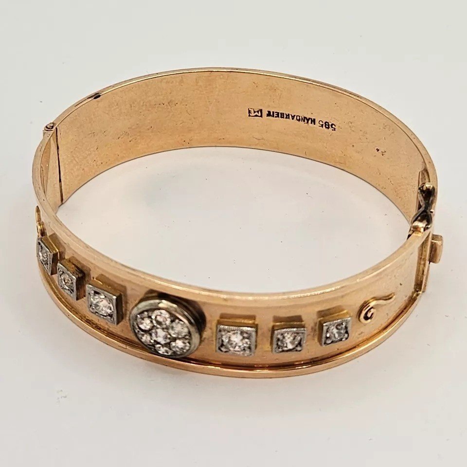 Bracelet Jonc Antique Allemand De Superbe Qualité En Or 14 Carats Avec 1,20 Carat De Diamants-photo-3