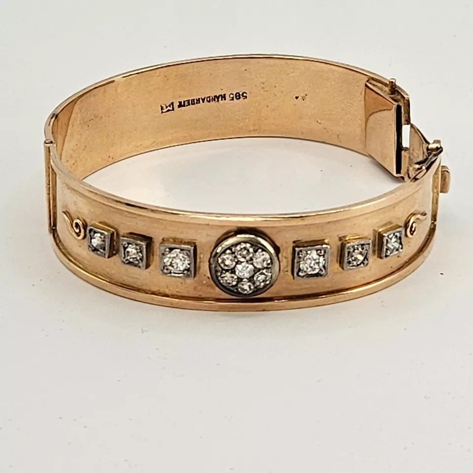 Bracelet Jonc Antique Allemand De Superbe Qualité En Or 14 Carats Avec 1,20 Carat De Diamants-photo-2