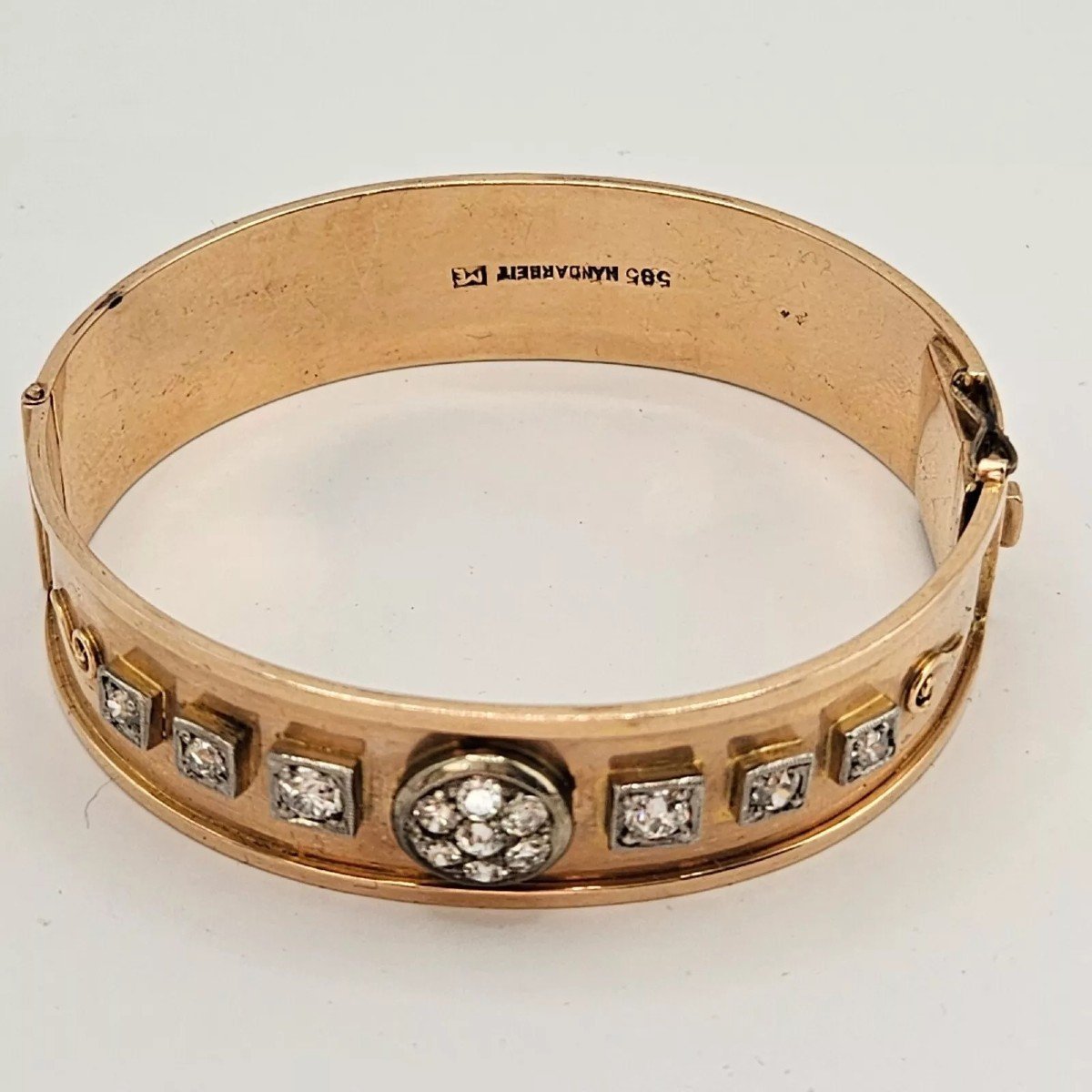 Bracelet Jonc Antique Allemand De Superbe Qualité En Or 14 Carats Avec 1,20 Carat De Diamants