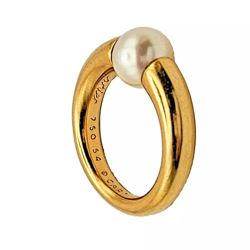 Bague Cartier Paris Perla Vintage Originale En Or Jaune 18 Carats Et Perle Naturelle-photo-5