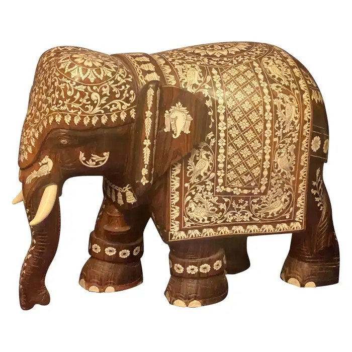 A Large Anglo-indian Elephant In Ivory And Rosewood Inlaid With Bone