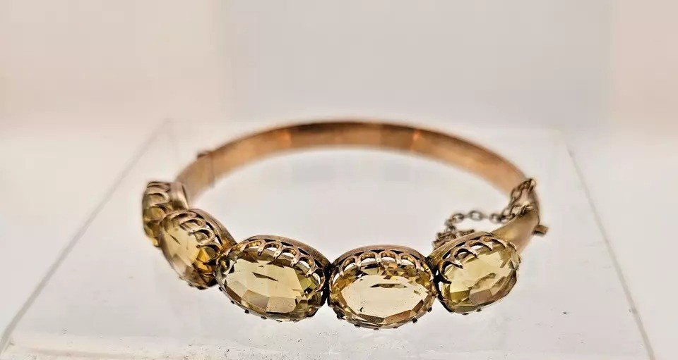 Bracelet Jonc Victorien En Or Rose 9 Carats Serti De 5 Citrines, Antique Vers 1880-photo-2