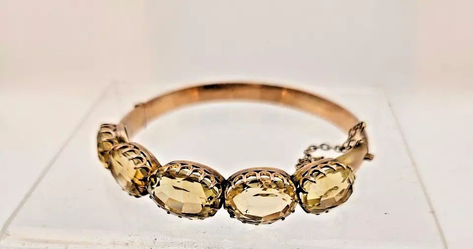 Bracelet Jonc Victorien En Or Rose 9 Carats Serti De 5 Citrines, Antique Vers 1880-photo-7