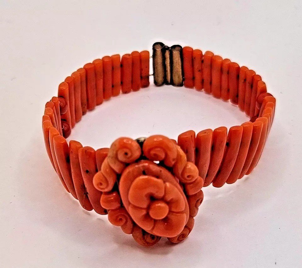 A Victorian Natural Red Coral Bracelet Floral Cameo Circa 1890's-photo-4