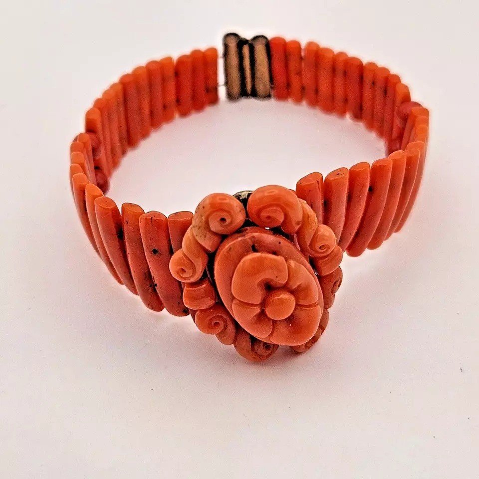 A Victorian Natural Red Coral Bracelet Floral Cameo Circa 1890's-photo-4