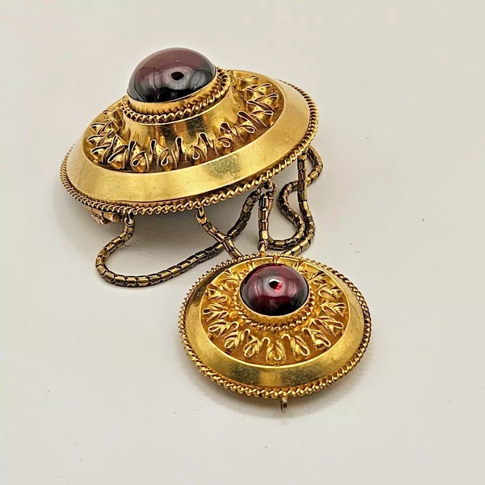 Broche Médaillon Victorienne En Or 14 Carats, Grenat Cabochon, Style étrusque, Vers 1880-photo-4