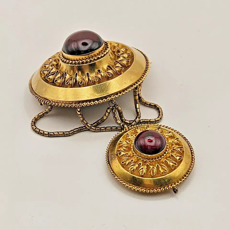 Broche Médaillon Victorienne En Or 14 Carats, Grenat Cabochon, Style étrusque, Vers 1880-photo-4