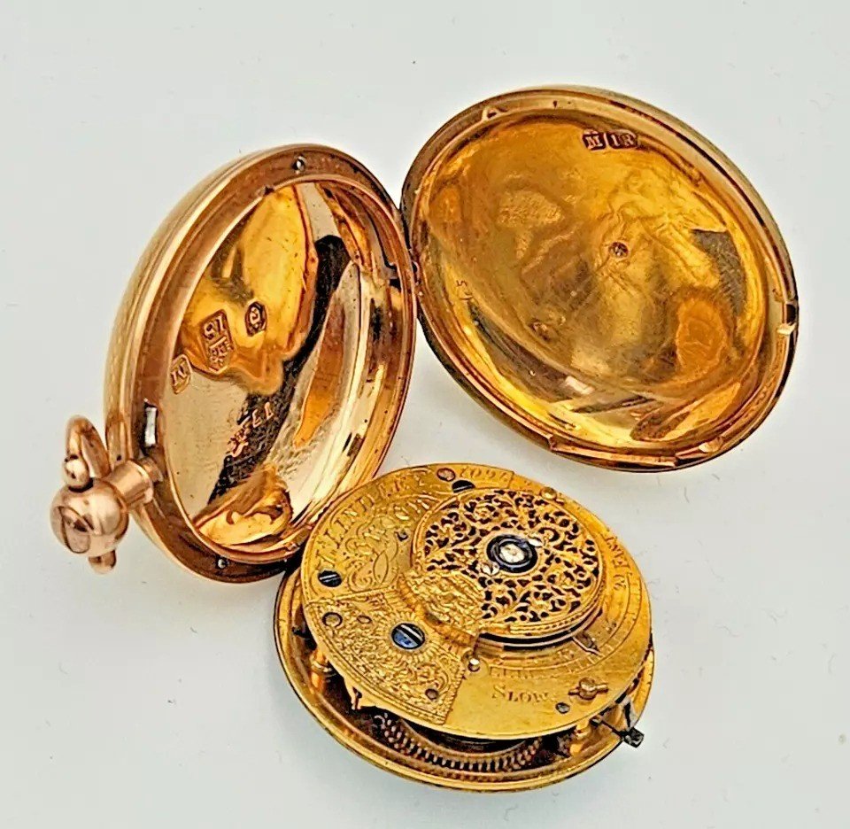 A Fusee 18k Gold Verge Full Hunter Pocket Watch By J Lyndsey Antique Ca 1840's-photo-1