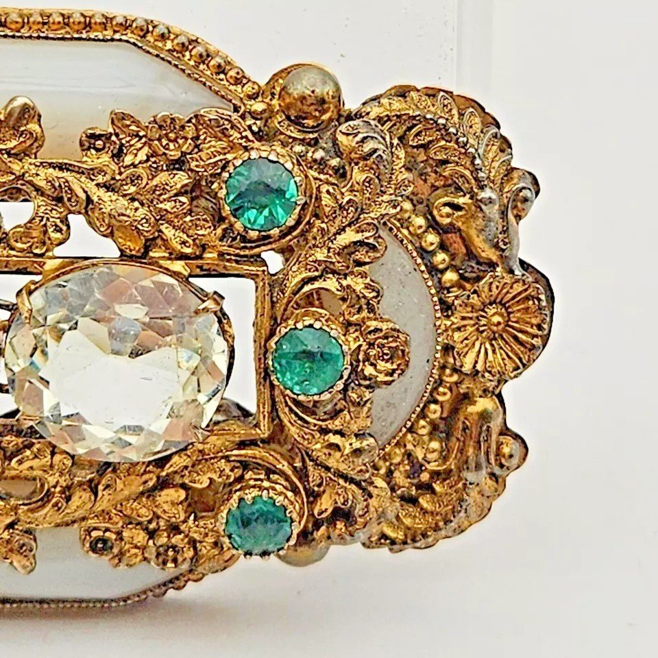 A Large French Antique Solid Silver Gilt Chalcedony & Paste Brooch 9 Cm / 3.5"-photo-6